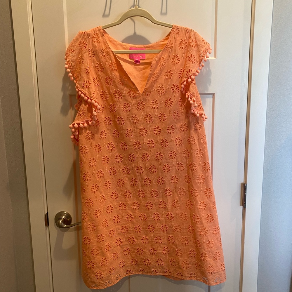 Lilly Pulitzer Peach Astara shift dress with Pom Poms